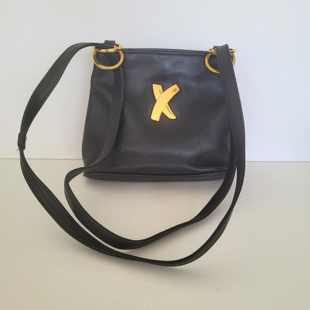 Paloma Picasso Vintage Black Leather Shoulder Bag Gold X Logo Made in Italy